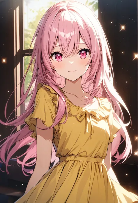 1girl, solo, Pink Shine Bright Hair, hair between eyes, Long hair, loose hair, (Pink shiny Bright Eyes), cute, Mesmerise, Little smile, closed mouth,  (half body, cowboy shot),  BREAK
(yellow dress), BREAK
Indoors, standing near window, Glitter particles, ...