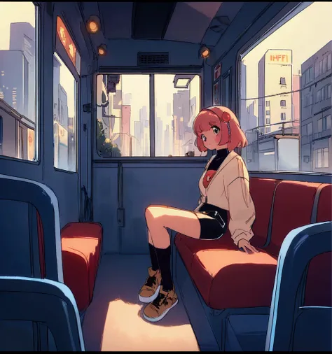 anime asian girl sitting on a bus looking out the window at the city, an anime drawing by Yuumei, trending on cg society, digital art, lofi hip hop, lofi girl, lofi artstyle, lofi art, lofi feel, chillhop, lofi vibes, lofi aesthetic, lofi, lofi girl aesthe...