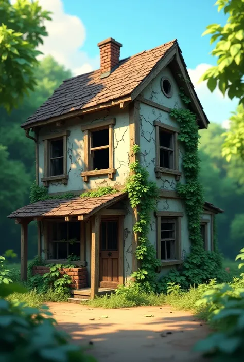 In cinematic 3d cartoon style"The building has broken windows, cracked walls, and an overgrown yard. 