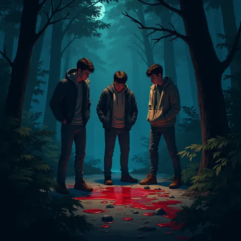 Create a 3D illustration pictures Three 23-year-old boys are standing in a dense forest at night and looking at blood stains on the ground as if someone has been dragged. All three boys are shocked to see this.