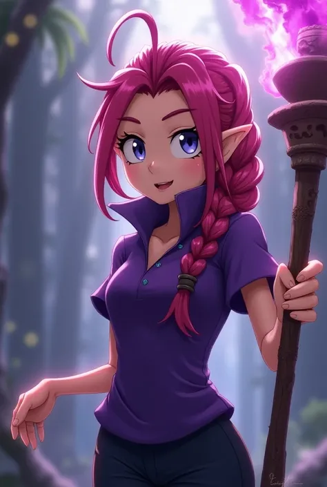 From the Sonic the Hedgehog series, Anime Princess Merlina, magenta hair, holding staff, pointy ears, braid wearing a Massive Purple popped collar polo