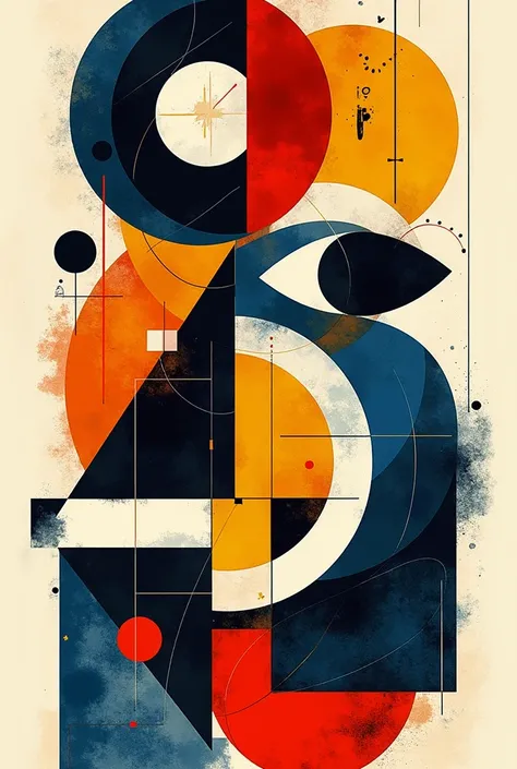 A bold, abstract collage inspired by famous modernist artists like Picasso, Kandinsky, and Miró. It features dynamic geometric shapes, layered elements, and vibrant splashes of color in a striking composition. Use a palette of primary colors (red, blue, ye...