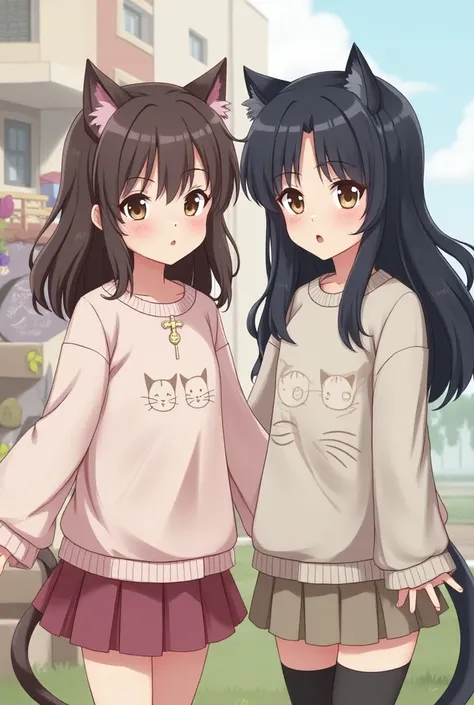 A girl with dark brown hair brigade brown eyes cross necklace and cute cat sweater with skirt and a girl with black wait black eyes cat sweater with a skirt and good anime beast 