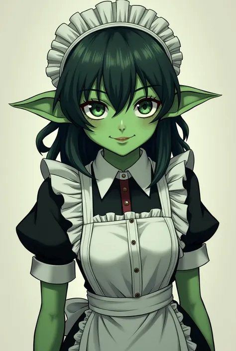 Dark green skinned goblin anime girl 
Wearing a maids shirt 