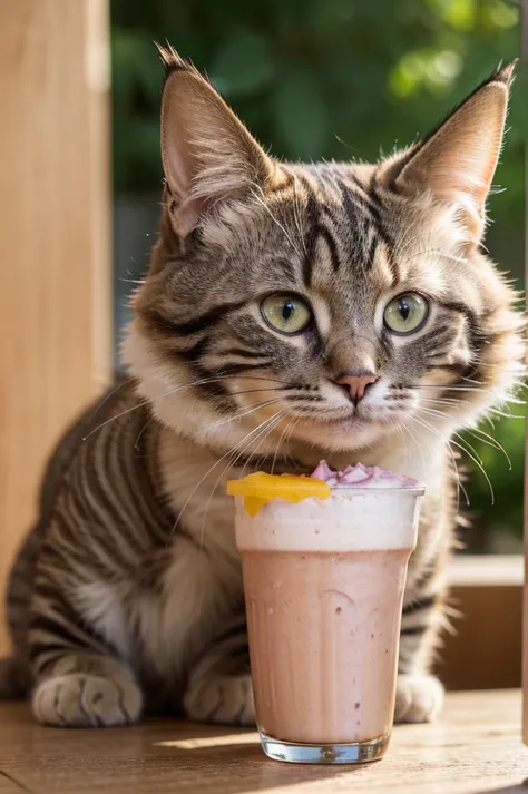 a cat having a milshake and a sandwich at yard, detailed feline features, beautiful fur texture, detailed whiskers, detailed eye...