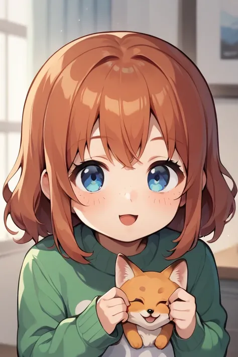  score_9,  score_8_up,  score_7_up, Anime BREAK，High image quality， a very young girl ， short stature ， toddler figure ， cute anime with blue eyes , Freckles, Redhead and fox sweater :1.3，