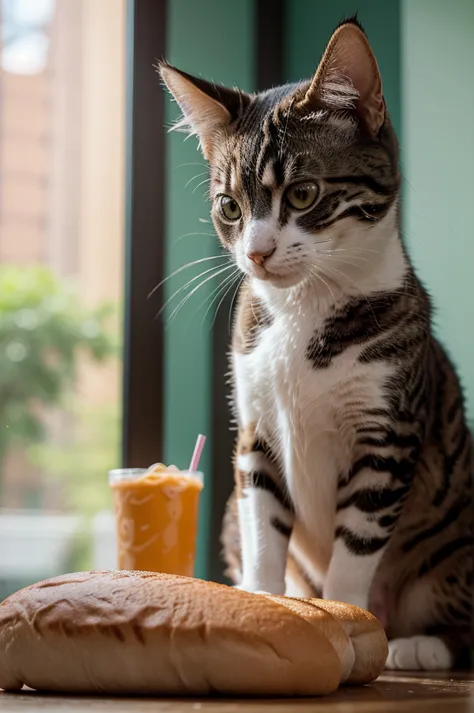 a cat having a milshake and a sandwich at yard, detailed feline features, beautiful fur texture, detailed whiskers, detailed eye...