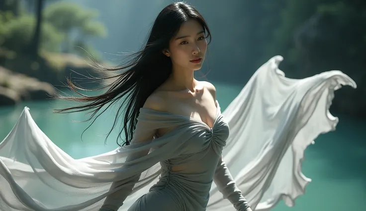 Asian woman wrapped in a transparent grey cloth mimicking a mermaid gown with a striking long train, puff sleeve, wear corset, the cloth clings tightly to her figure, long black straight hair, walking with poise, see through whole body, half naked, dramati...