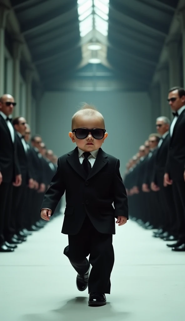 Ultra-realistic footage of a baby in a confident black suit and tie walking through a dimly lit warehouse, a sleek runway. The baby is dressed in expensive clothes, wearing trendy accessories such as sunglasses and small leather shoes, and smiling as he wa...