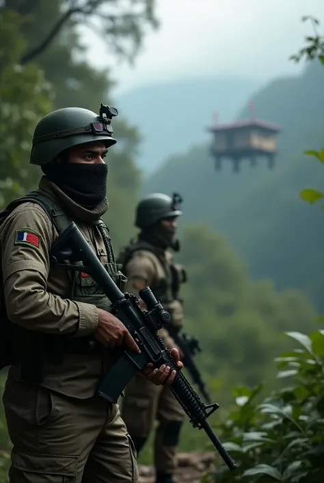 The Indian army officer stands in the forest, his eyes scanning the dense foliage of the Himalayan forest.  His face is partially obscured by a dark scarf and has a helmet , a practical choice to blend into the shadows and protect his identity from prying ...