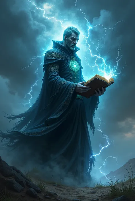 A powerful, mystical dark mage stands in a stormy landscape, in a design digital art ultra realistic, surrounded by swirling magical energy. His body is marked with glowing arcane runes, and he holds an ancient tome in one hand, with otherworldly lightning...