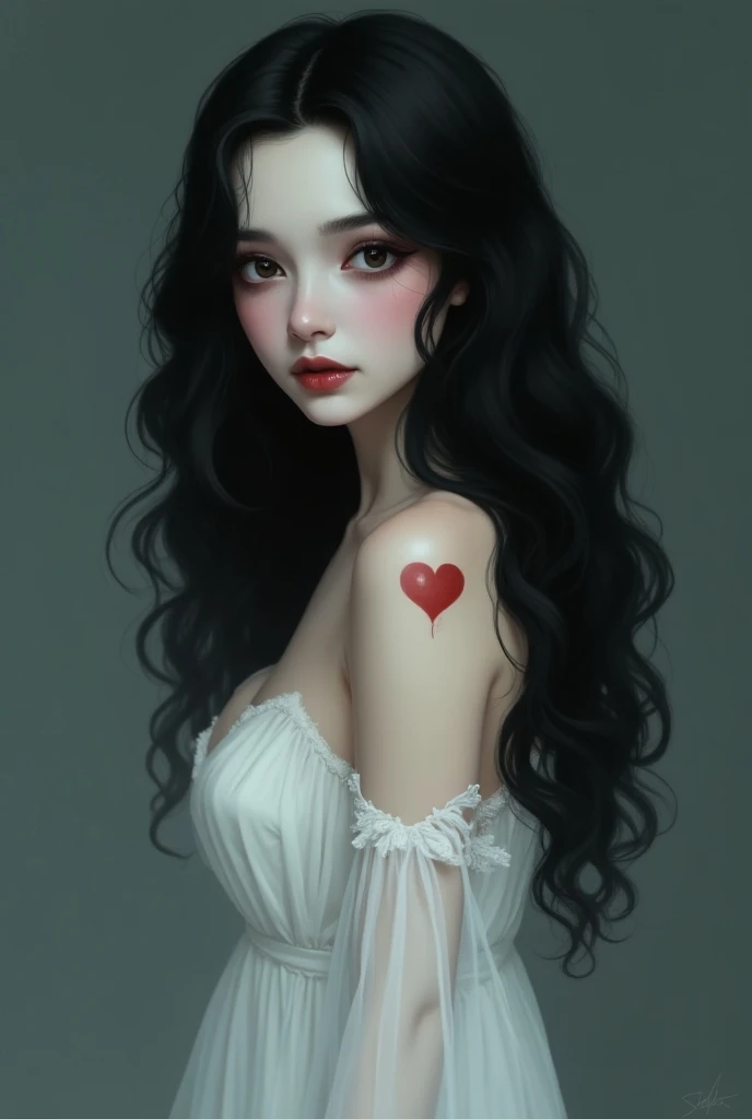 a single beautiful 2 woman, with ghostly appearance, with long black wavy hair, with a white dress, with a birthmark on the left shoulder, the long cullo and the mouth that leans a little to the left , that is looking straight ahead