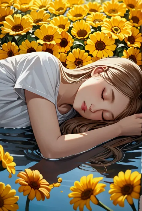 ((best quality)), ((masterpiece)), (detailed), a girl laying on water facing downways abd laying on her hand, yellow large flowers around her, bright painting, macro focus, she is sleeping, Long Hair,  Anatomically Correct, Super Detailed, UHD, Closed Eyes...