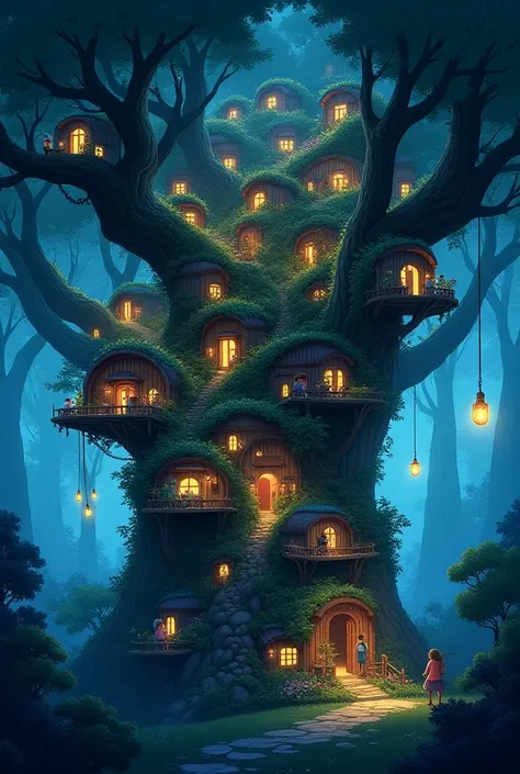 Visualize a sprawling treetop town in a lush, fantasy-inspired forest, drawn in vibrant anime style. Massive, ancient trees stretch toward the sky, their branches supporting an entire village nestled high above the ground. Thick, intertwined vines form a h...