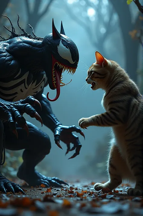 "Create an image featuring a [cat] and [Venom] in an intense, angry confrontation, facing each other. The cat should be hissing, with its back arched, fur fluffed up, claws out, and eyes narrowed in aggression. Venom should appear muscular and monstrous, w...