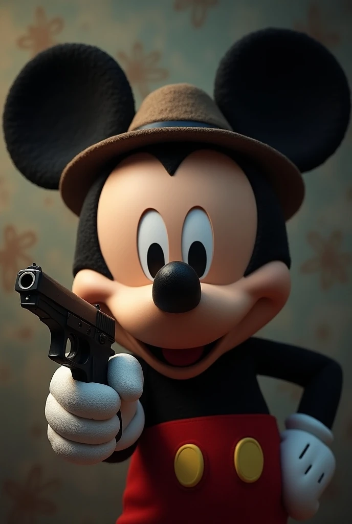 Mickeymouse smile face  with  pistol  gangster look