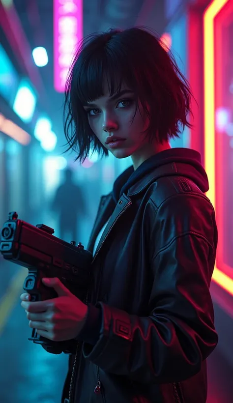 A highly detailed 3D CGI render of a young detective in a futuristic cyberpunk setting, inspired by Cara Delevingne, with short dark hair and wearing neon-accented attire. She holds a futuristic gadget or weapon, with a serious expression as she investigat...