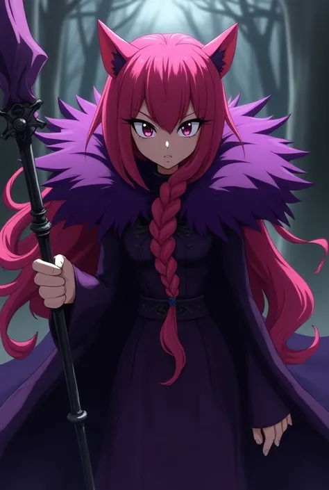 From the Sonic the Hedgehog series, Anime Dark Queen Merlina, magenta hair, Pointy Fur Trim Massive High Collar Purple Dress, holding staff, pointy ears, braid