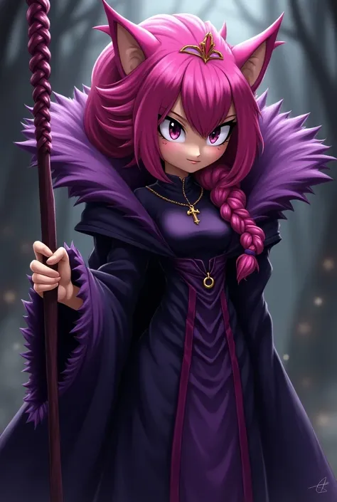 From the Sonic the Hedgehog series, Anime Dark Queen Merlina, magenta hair, Pointy Fur Trim Massive High Collar Purple Dress, holding staff, pointy ears, braid