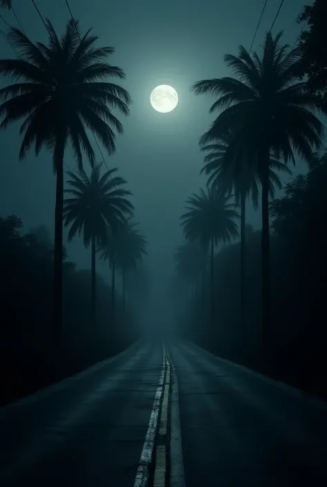 Draw pictures of deserted streets without vehicles and people in the dark middle of the night without lighting with right and left palm oil plantations 