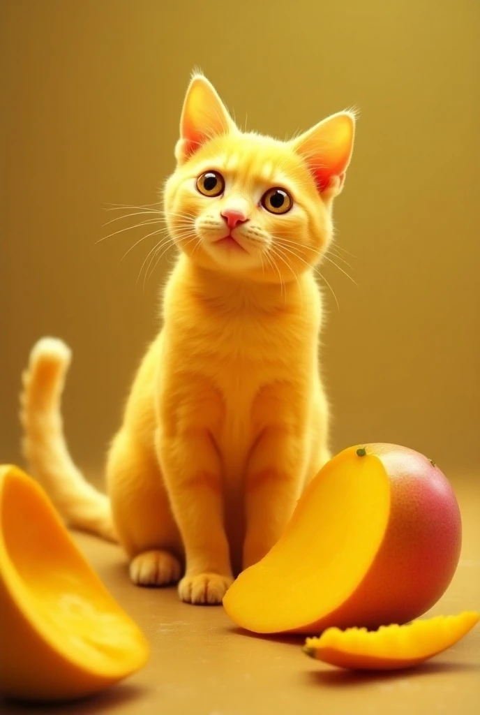 ("Illustrate a scene where a cat and a mango seamlessly blend together in one captivating composition. The cat should have the graceful, sleek features of a typical feline, but its fur transitions into the vibrant, smooth texture of a ripe mango. The body ...