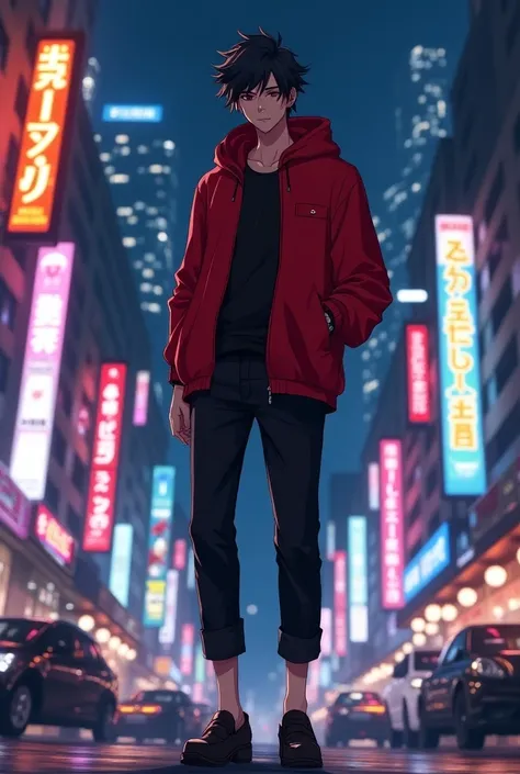 A man with red hoodie ankle length pant loafer shoes faur colour like anime in a night life city
