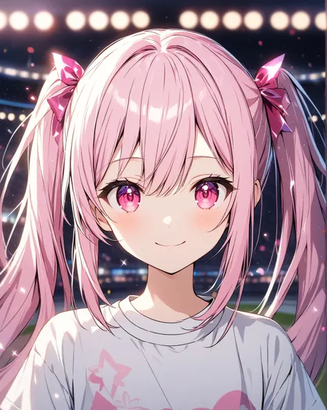 1girl, solo, Pink Shine Bright Hair, hair between eyes, Long hair, twintails,  (Pink shiny Bright Eyes), cute, Mesmerise, Little smile, closed mouth, (pale cheeks), (half body, cowboy shot),  BREAK
(sport pants, t-shirt ), BREAK
outdoors, stadium, Glitter ...