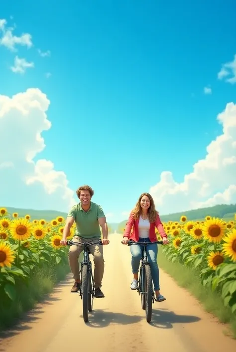 Concevez une affiche de film avec un ciel bleu et des nuages blancs, un ciel clair, sur une route rurale, un couple heureux faisant du vélo, passant devant un champ de tournesols et le mot « la page du suspense».