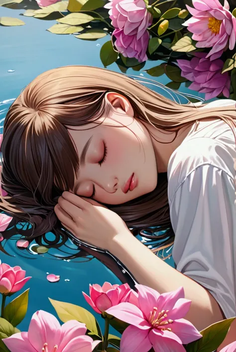 ((best quality)), ((masterpiece)), (detailed), a girl laying on water facing downways abd laying on her hand, pink large flowers around her, bright painting, macro focus, she is sleeping, Long Hair,  Anatomically Correct, Super Detailed, UHD, Closed Eyes, ...