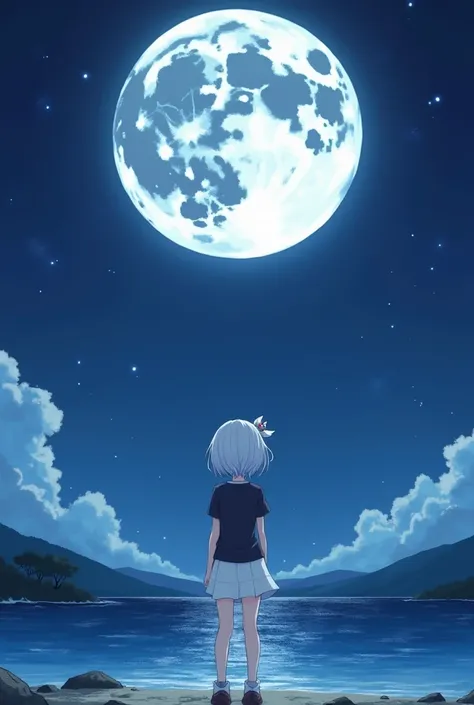 a anime girl with white hair, blue eyes, white short skirt, black short t-shirt, hair decorated with flower ribbon, standing alone in front of the see  at night and the moon is full and she is wearing shoes 