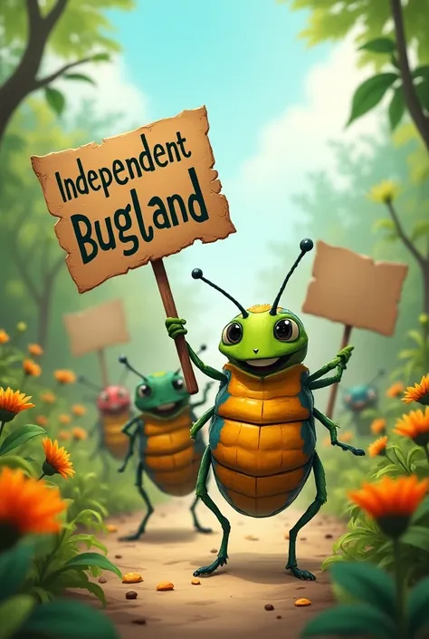 A demonstration and march featuring cute bugs holding signs that say, "Only BugLand."