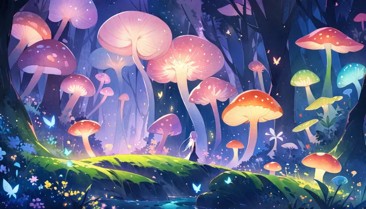 Watercolor landscape painting，(best quality,4K,8k,high resolution,masterpiece:1.2),Super detailed,(Watercolor landscape painting：1.5),giant Bioluminescence mushrooms,Magical Mushroom Forest,Butterfly,firefly,Colorful vibrant mushrooms,forest atmosphere,Lus...