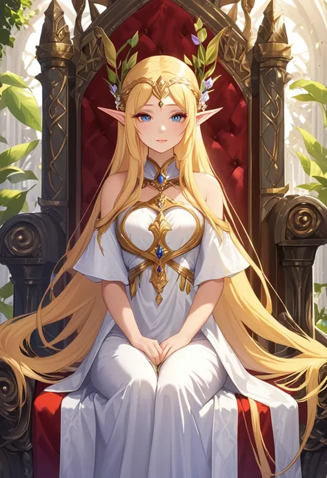 beautiful elf goddess, long blonde hair, sitting on the royal throne, majesty