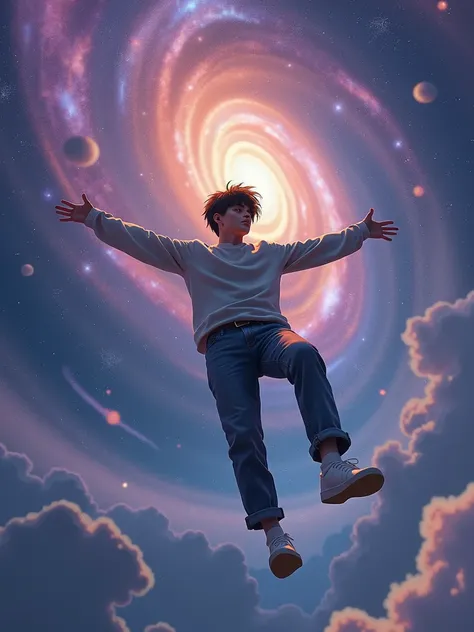 "A man floating through space in a free-fall position, as if he’s falling within a galaxy. His body is positioned with arms and legs slightly outstretched, creating the illusion of movement through the vastness of space. The background is filled with a vib...