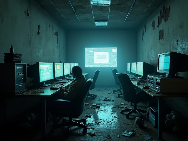 Create a destroyed computer room without people. Post-apocalypse. Monitors are flickering