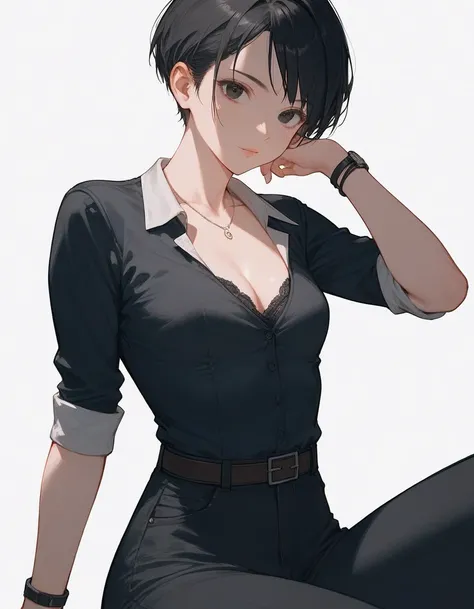 close up, score_9, score_8_up, score_7_up, 1girl, adult woman, sitting, black hair, (pixie haircut), black eyes, wide hips, ((((pose)))), hips, ((((hands)))), fingers, white office shirt, Anatomically correct, black pants,(lace bra:0.8), (((small breast)))...