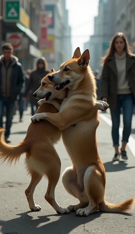 Hyper-realistic Present a scene of a dog mating with another dog by climbing on its back halfway on the roadside. They appear oblivious to the surroundings, which symbolizes their cursed fate. Some people are walking on the road