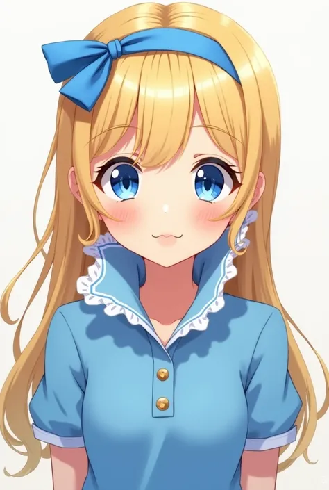 Cute Blonde Anime Princess Maria Robtink with blue eyes wearing a blue headband and wearing a Massive Blue Popped Collar Polo with her collar fully popped up