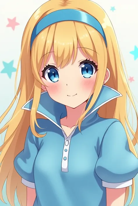 Cute Blonde Anime Princess Maria Robtink with blue eyes wearing a blue headband and wearing a Massive Blue Popped Collar Polo with her collar fully popped up