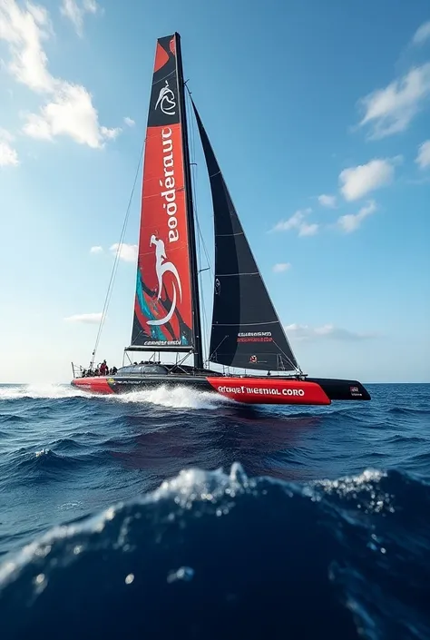 Un bateau du vendee globe avec le logo Groupe Piveteau sur la voile