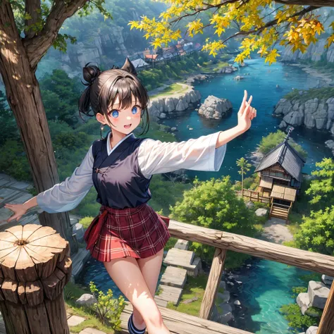 Chestnut Hair、 blue eyes、Hair tied up、Two cute、 plaid mini skirt 、 BLACK T-SHIRT、 Long Sleeve 、kimono、striped high socks、Teeth are visible、lawn、The stone is cracked、Uneven ground、The road is curved、Diamond Earrings、View from above、Large autumn tree、Mountai...