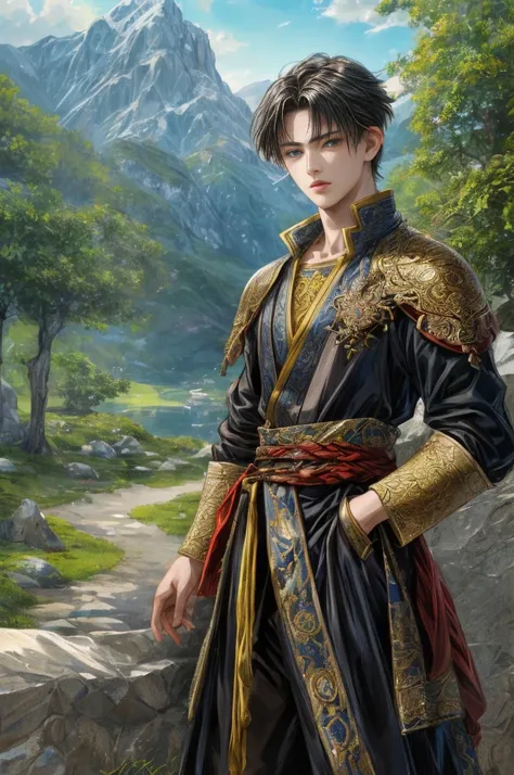 (absurdres, highres, ultra detailed, HDR), masterpiece, Intricate details,best quality picture of a character from Suikoden 2, handsome teen boy with short Hair anime eyes, intricate details on face, brave look, in a detailed outside paradise sanctuary sce...