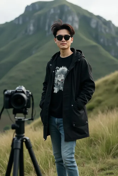  Handsome Korean man rambut messy yertiup angin pakai kaca mata hitam  wears black t-shirt with artistic cool picture and wear a jaket parka hitam,  wear faded jeans ,  white converse shoes ,  is standing in front of him there is a camera wearing his high ...