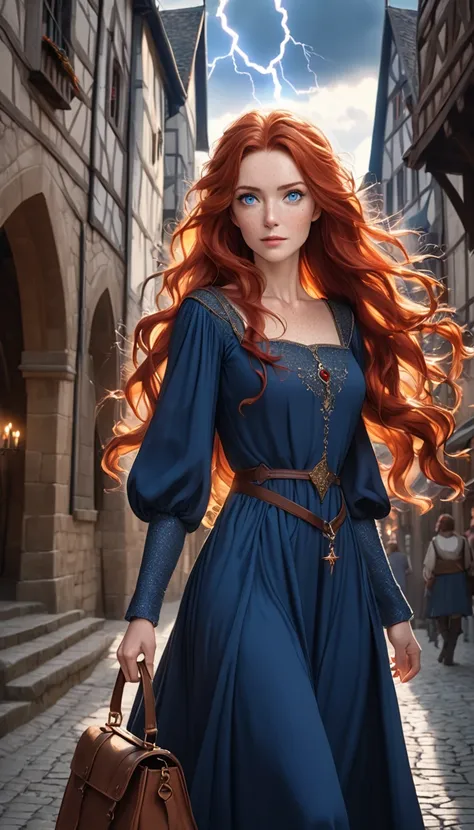 Mature Woman with red wavy long hair, many freckles, light blue eyes, sparkling eyes, longeyelashes, blush, dark blue medieval long dress, brown bag, medieval, masterpiece, anatomically corrected, cinematic lightning, in medieval city