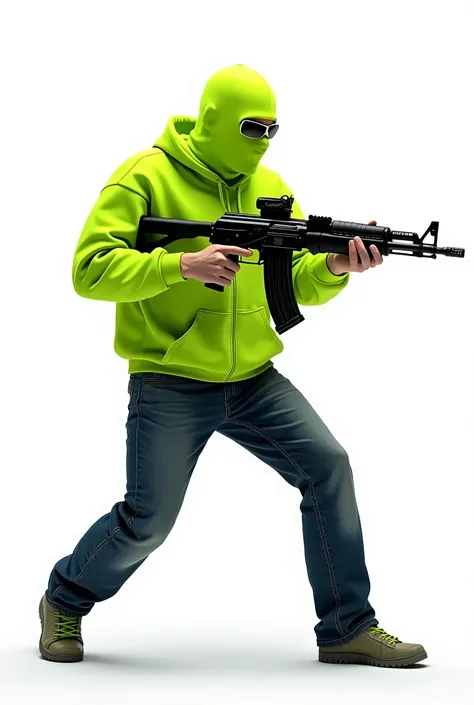  Latino criminal ,  wears a fluorescent green sweatshirt,  denim pants,  carries a rifle aka 47 , Is shooting , white background, fluorescent green balaclava , He is in an attack position, Is shooting  hacia el flanco izquierdo 