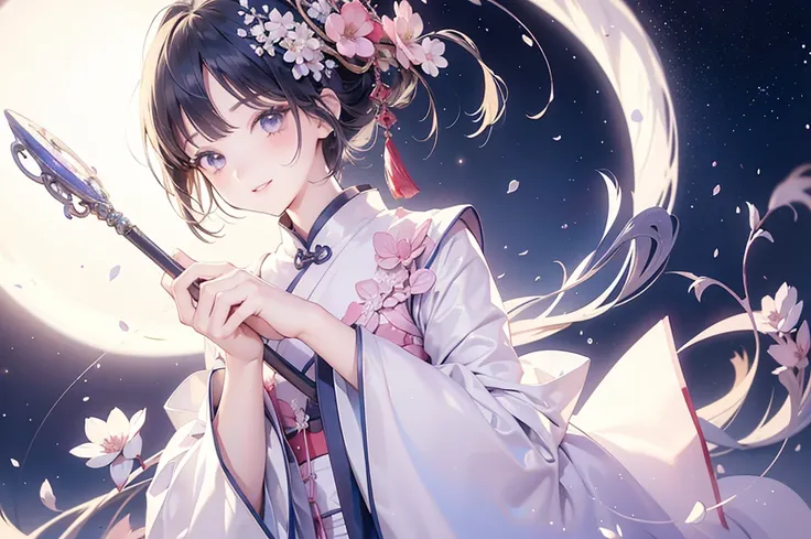  1 girl、 1 girl、(8k、 best image quality、 best quality、masterpiece)、 Masterpiece、There is a glowing aura around her、There is a very large moon in the background、 under the starry sky 、Little moonlight、Night sky bob cut、Princess cut、Detailed face with finely...