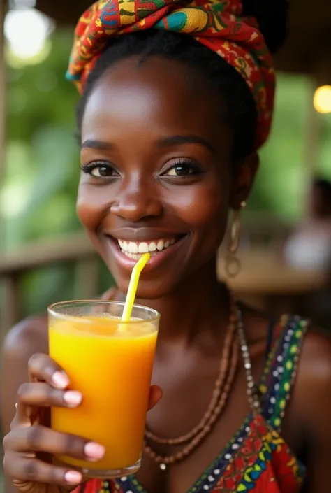 Une femme africaine heureuse avec jus de fruits 
