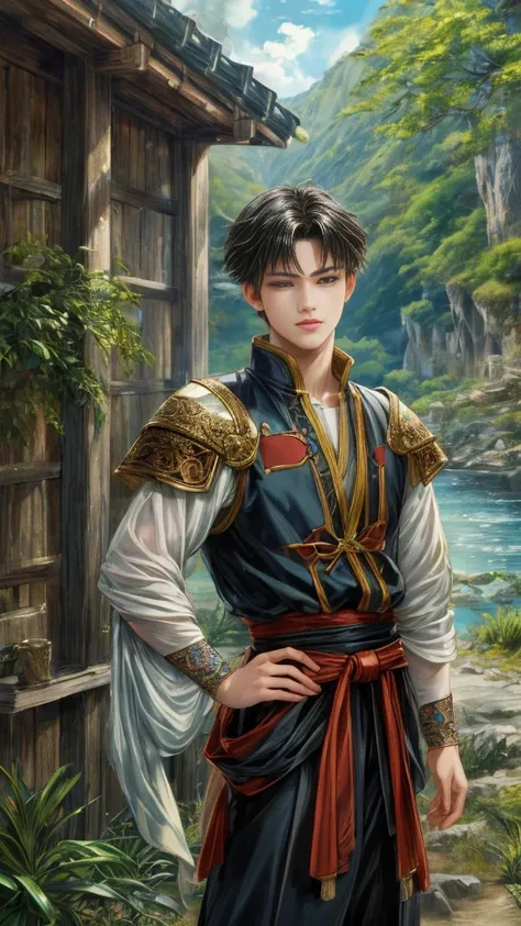 (absurdres, highres, ultra detailed, HDR), masterpiece, Intricate details,best quality picture of a character from Suikoden 2, handsome teen boy with short Hair anime eyes, intricate details on face, brave look, in a detailed outside paradise sanctuary sce...