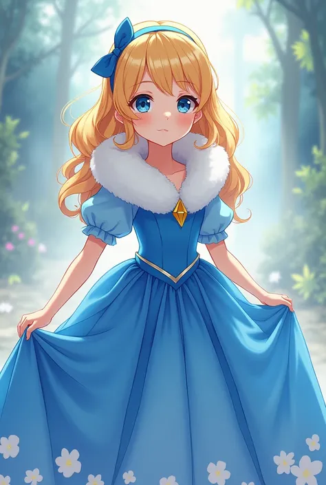 Cute Blonde Anime Princess Maria Robtink with blue eyes wearing a blue headband and wearing a Blue Dress with a Massive Popped Collar with her collar fully popped up