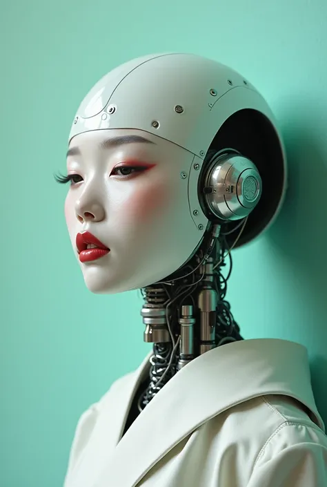 3/4 face portrait Photography, in front of a mint wall, a robotic geisha head without body, connected by cables and wires and LED, an attractive transparent white plexiglass body punk PLC Robots with silver motor head, with ray guns, 80 degree view, art by...